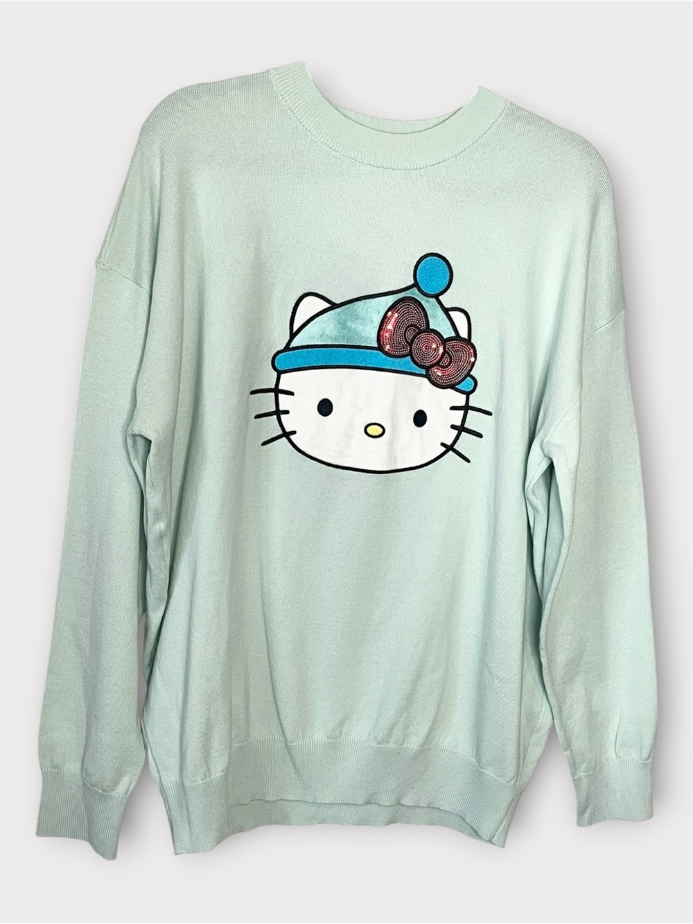 HELLO KITTY x AEROPOSTALE Mint Knit Sweater Sequin Bow Graphic Size L NWT - Picture 2 of 7